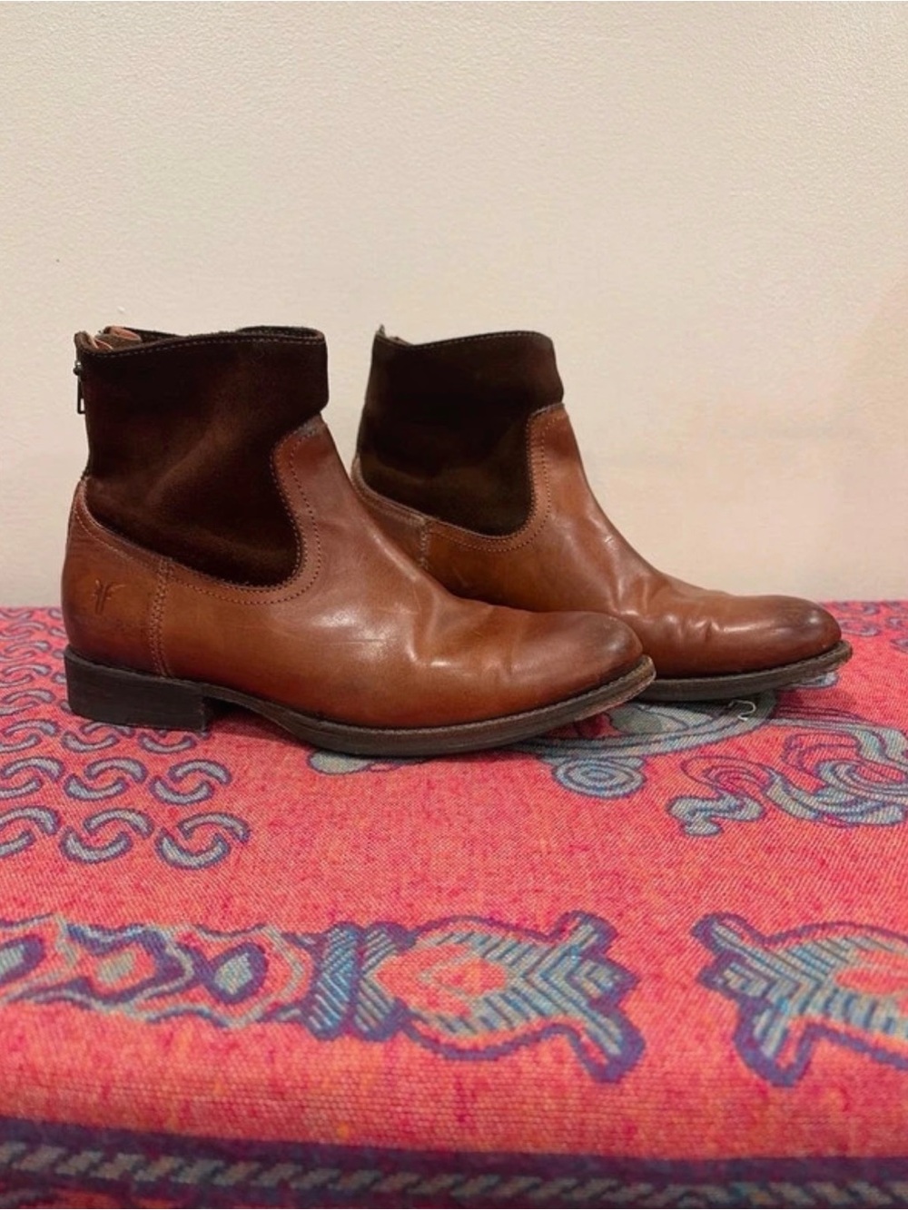 Women's Cognac Brown Leather & Suede Ankle Boots